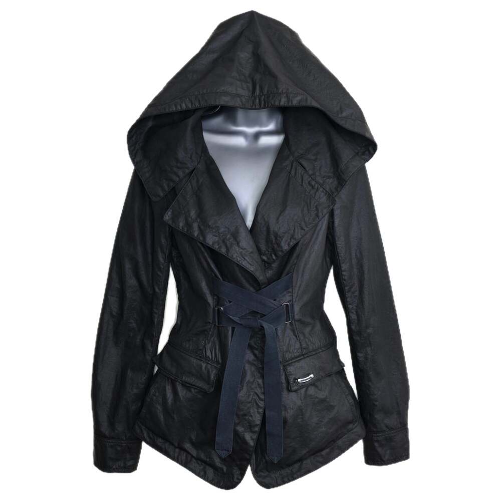 Cop.Copine Black Waxed Hooded Jacket w/ Lace-Up Waist Size 36